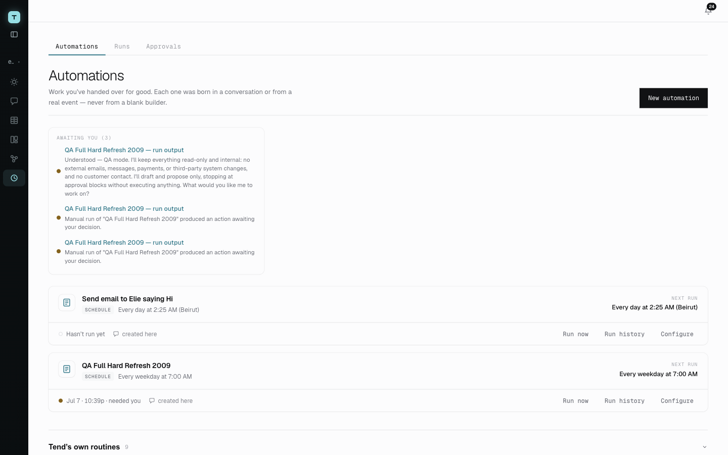 Tend automations interface