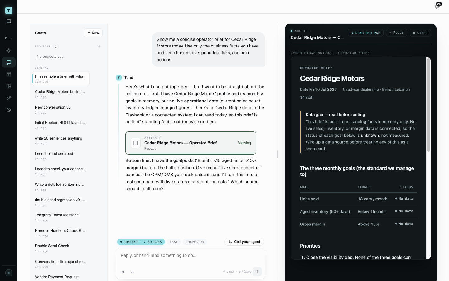 Tend chat and artifact interface